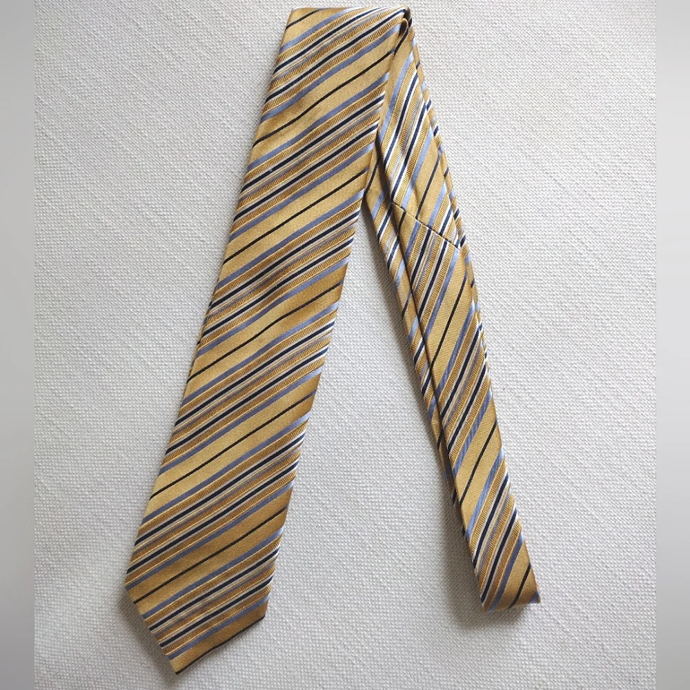 Silk Geoffrey Beene Gold, Silver, and Blue Striped Tie